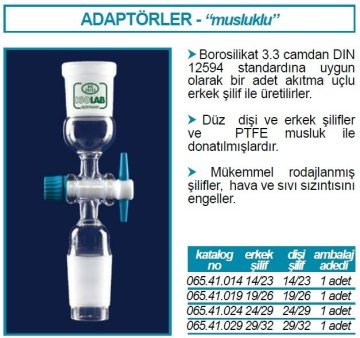 İSOLAB 065.41.014 konnektör - musluklu - dişi şilif : NS 14/23 - erkek şilif : NS 14/23 (1 adet)