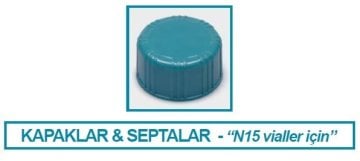 İSOLAB 095.06.003 kapak+septa-beyaz septa/bej PTFE-deliksiz - N15 vidalı vial için (100 adet)