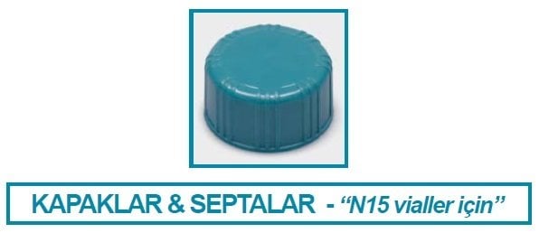 İSOLAB 095.06.003 kapak + septa - beyaz septa / bej PTFE - deliksiz - N15 vidalı vial için (100 adet)