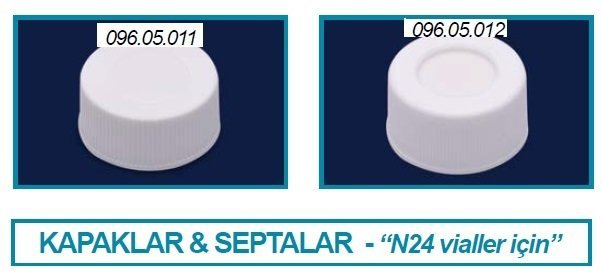 İSOLAB 096.05.011 kapak + septa - silikon / PTFE - deliksiz - N24 vial için (100 adet)