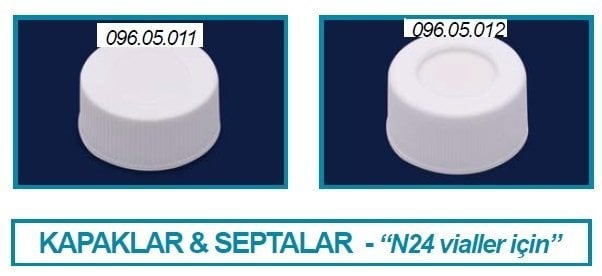 İSOLAB 096.05.012 kapak + septa - silikon / PTFE - delikli - N24 vial için (100 adet)