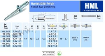 Çelik Hemlock Kilitli Ağır Hizmet Perçini 6.4x16.5 mm - 250 adet