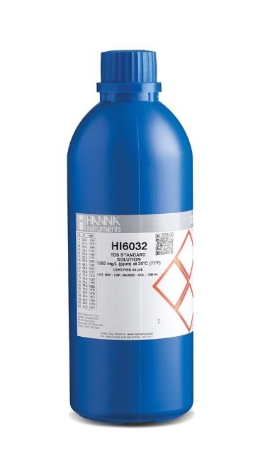 HANNA HI6032 1382 mg/L (ppm)  -  25oC Technical TDS Calibration Standard with Certificate of Analysis, 500 mL