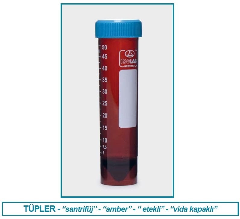 İSOLAB 078.12.009 tüp - santrfüj - amber - P.P - vidalı kapaklı - 50 ml - DNA/RNA free - etekli - steril (50 adet)