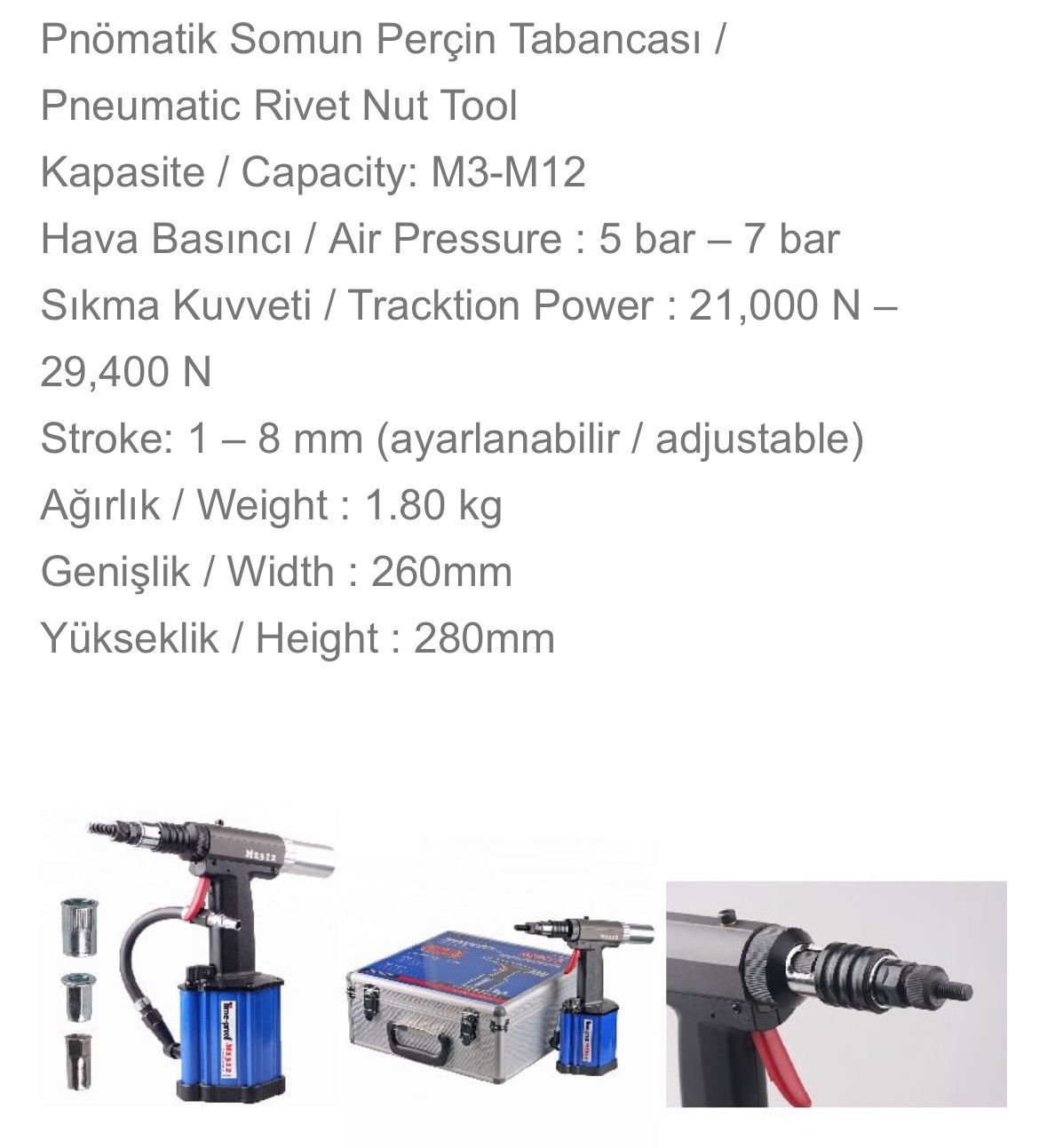 Pnömatik Somun Perçin Tabancası M3-M12