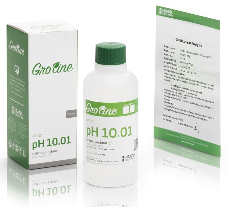 HANNA HI7010-023 GroLine pH 10.01 buffer (+/- 0.02 pH accuracy -  25oC) with Certificate of Analysis, 230 ml