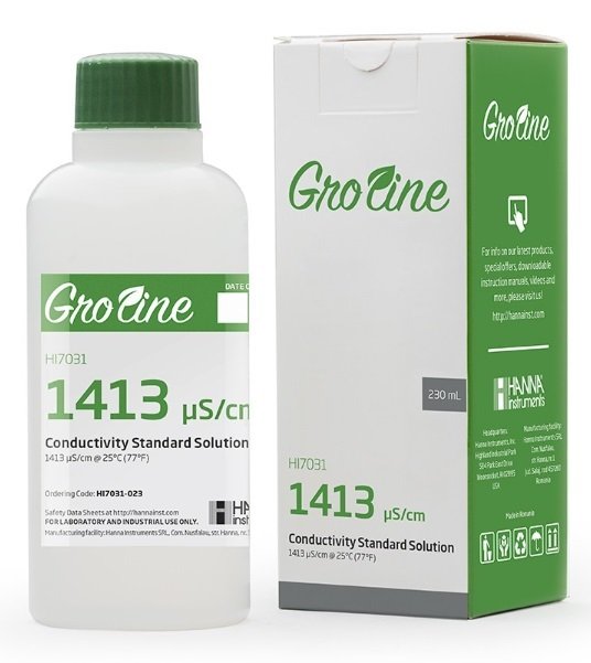 HANNA HI7031-012 GroLine 1,413 uS calibration solution, box, certificate of analysis, 120 ml
