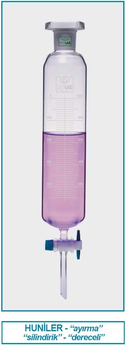 İSOLAB 031.06.100 ayırma hunisi - cam - silindirik - dereceli - PTFE musluklu - 100 ml (1 adet)