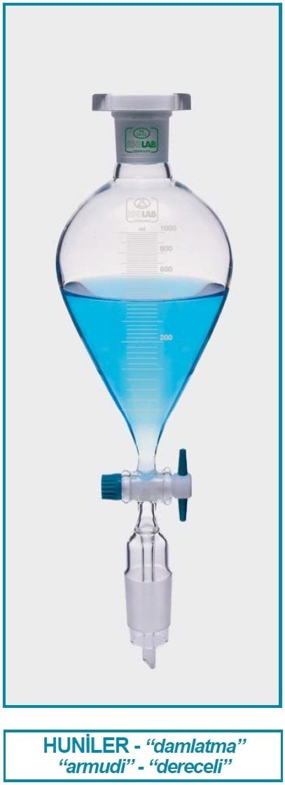 İSOLAB 032.01.250 damlatma hunisi - cam - armudi - dereceli - PTFE musluklu - 250 ml (1 adet)