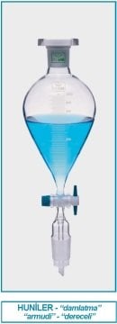 İSOLAB 032.01.250 damlatma hunisi - cam - armudi - dereceli - PTFE musluklu - 250 ml (1 adet)