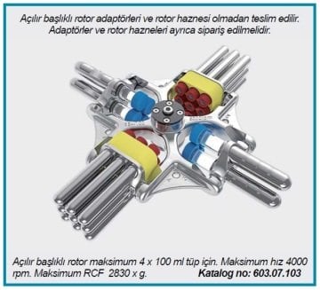 İSOLAB 603.07.103 açılır başlıklı rotor - 4 x 100 ml tüp kapasiteli - çok amaçlı santrjüj için (1 adet)