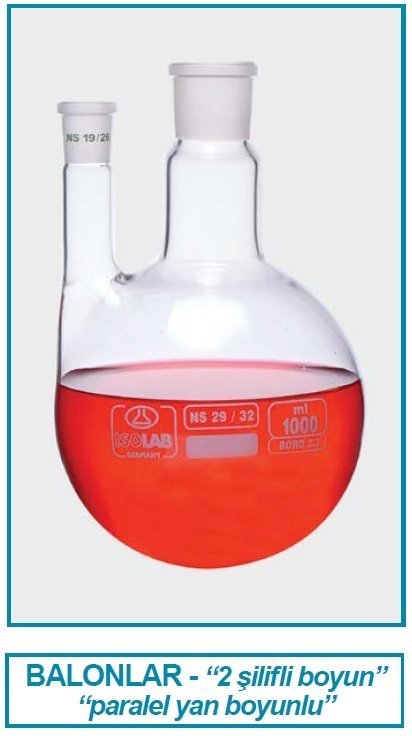 İSOLAB 030.33.100 balon -dibi yuvarlak-2 boyunlu-boyun:NS29/32-yan dişi:NS14/23 - 100 ml (1 adet)