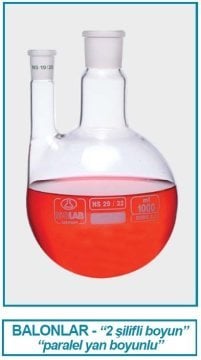 İSOLAB 030.34.902 balon -dibi yuvarlak-2 boyunlu-boyun:NS29/32-yan dişi:NS19/26 - 2000 ml (1 adet)