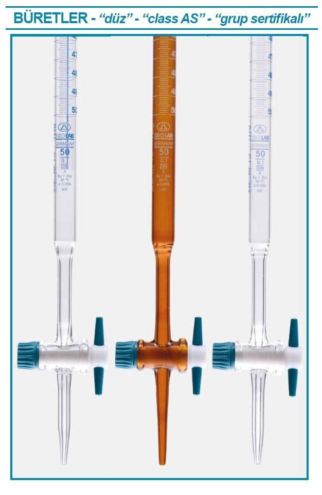 İSOLAB 017.01.010 büret - düz - şeffaf - PTFE musluklu - AS kalite - grup sertifikalı - şelbah çizgili - mavi skala - 10 ml (1 adet)