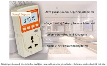 BGM88 Timer Özellikli Enerji Ölçer / Prizden Güç Ölçer