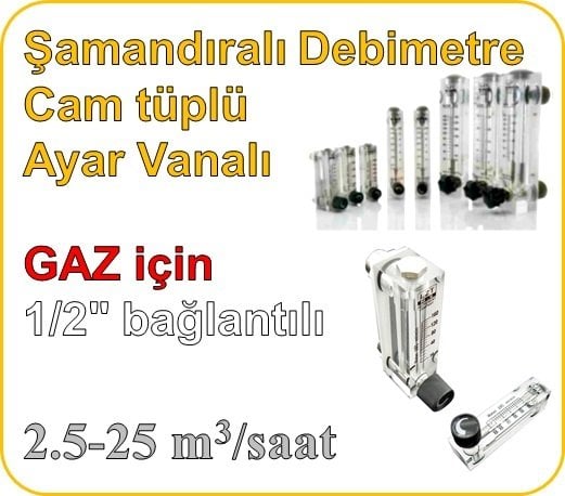 Cam Tüplü Ayar Vanalı Şamandıralı Debimetre (GAZ için) 2.5-25 m3/h (1/2'' bağlantılı)