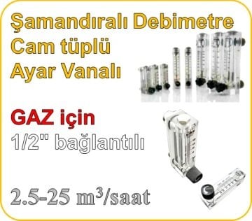 Cam Tüplü Ayar Vanalı Şamandıralı Debimetre (GAZ için) 2.5-25 m3/h (1/2'' bağlantılı)