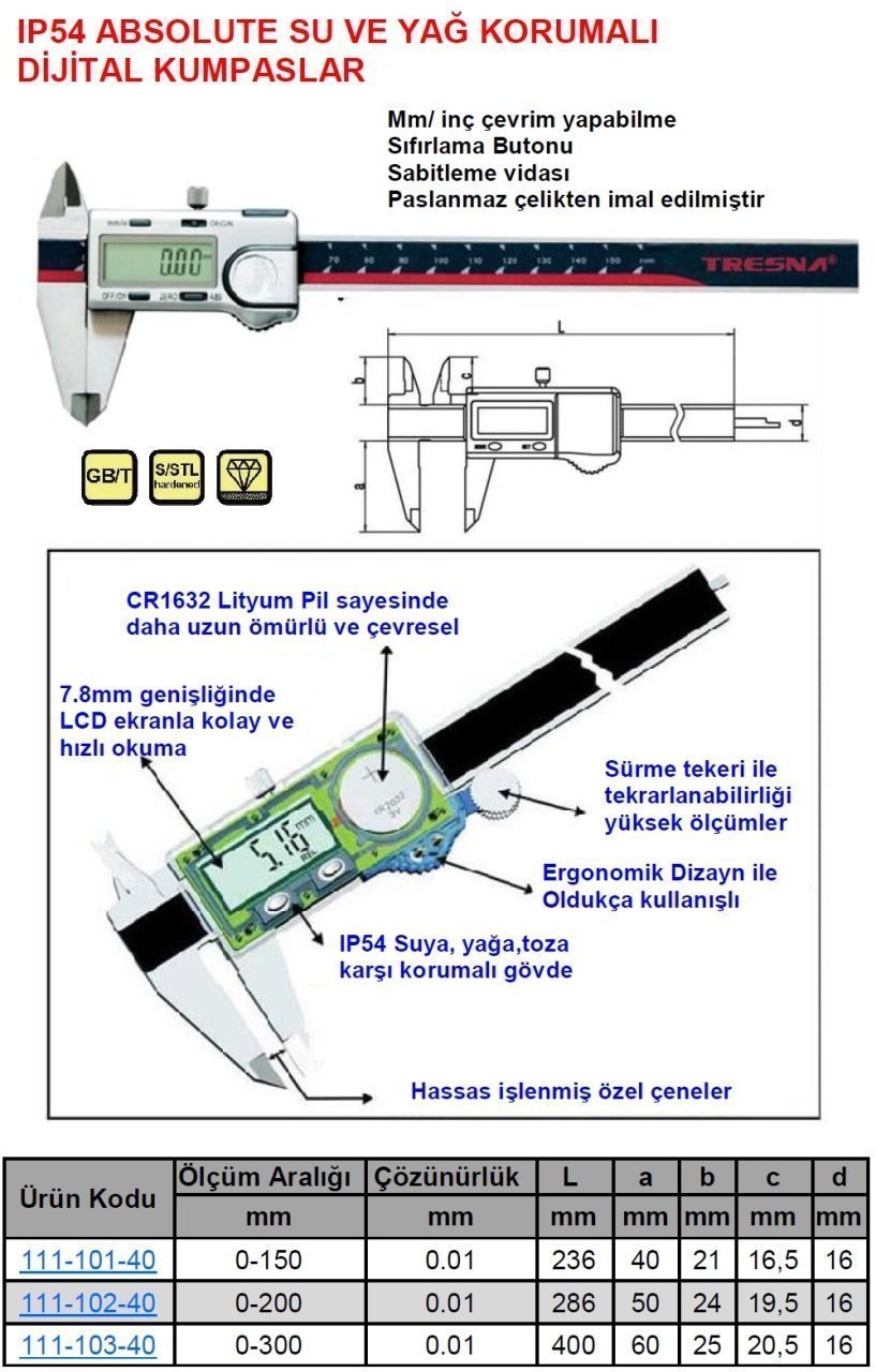 IP54 Su ve Yağ Korumalı Dijital Kumpas