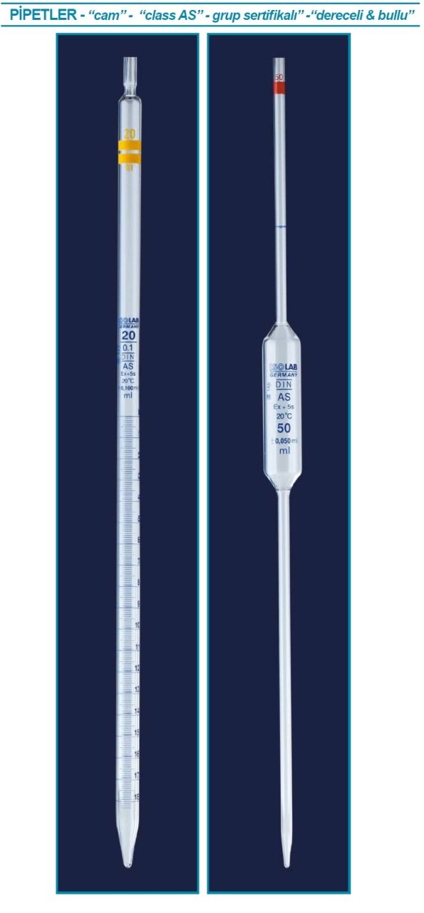İSOLAB 021.01.010 pipet - cam - dereceli - AS kalite - grup sertifikalı - mavi skala - 10 ml (10 adet)