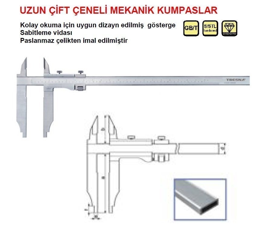 Uzun Çift Çene Mekanik Kumpas 20in500/200/0.02mm