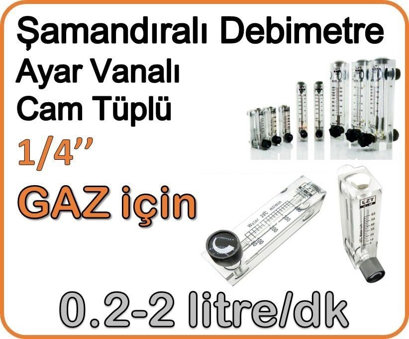 Cam Tüplü Ayar Vanalı Şamandıralı Gaz Flowmetre Debi Ölçer 0.2-2 lt/dakika