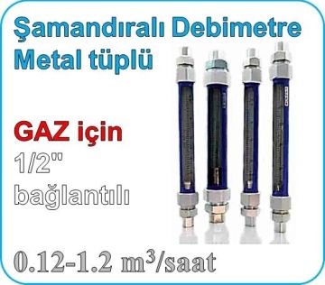 Metal Tüplü Şamandıralı Cam Gaz Flowmetre Debi Ölçer 0.12-1.2 m3/saat (1/2'' bağlantılı)
