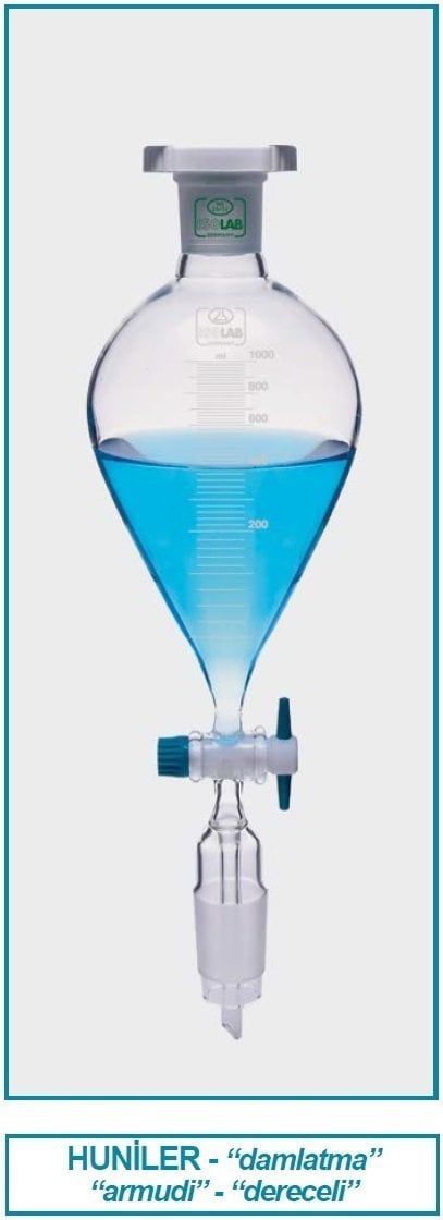 İSOLAB 032.01.050 damlatma hunisi - cam - armudi - dereceli - PTFE musluklu - 50 ml (1 adet)