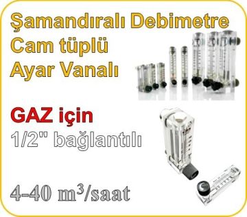 Cam Tüplü Ayar Vanalı Şamandıralı Gaz Flowmetre Debi Ölçer 4-40 m3/h (1/2'' bağlantılı)