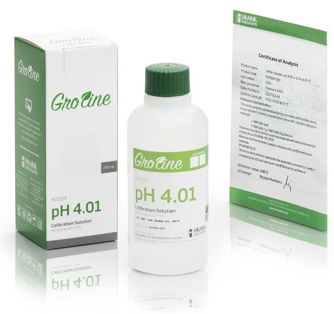 HANNA HI7004-023 GroLine pH 4,01 tamponu (+/- 0,02 pH doğruluğu - 25oC), Analiz Sertifikası ile, 230 ml