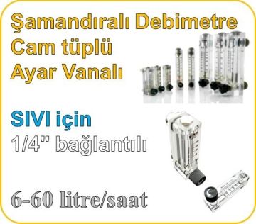Cam Tüplü Ayar Vanalı Şamandıralı Sıvı Flowmetre Debi Ölçer 6-60 lt/saat (1/4'' bağlantılı)