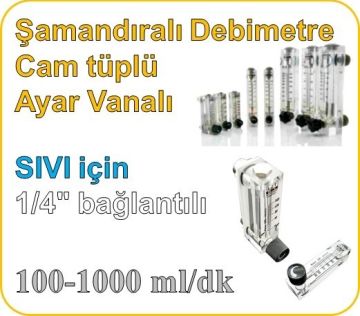 Cam Tüplü Ayar Vanalı Şamandıralı Sıvı Flowmetre Debi Ölçer 100-1000 ml/dk (1/4'' bağlantılı)