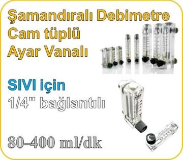 Cam Tüplü Ayar Vanalı Şamandıralı Sıvı Flowmetre Debi Ölçer 80-400 ml/dk (1/4'' bağlantılı)