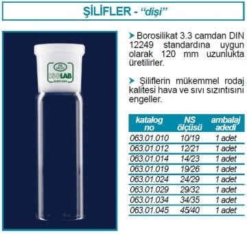 İSOLAB 063.01.019 dişi şilif - 120 mm - NS 19/26 (1 adet)