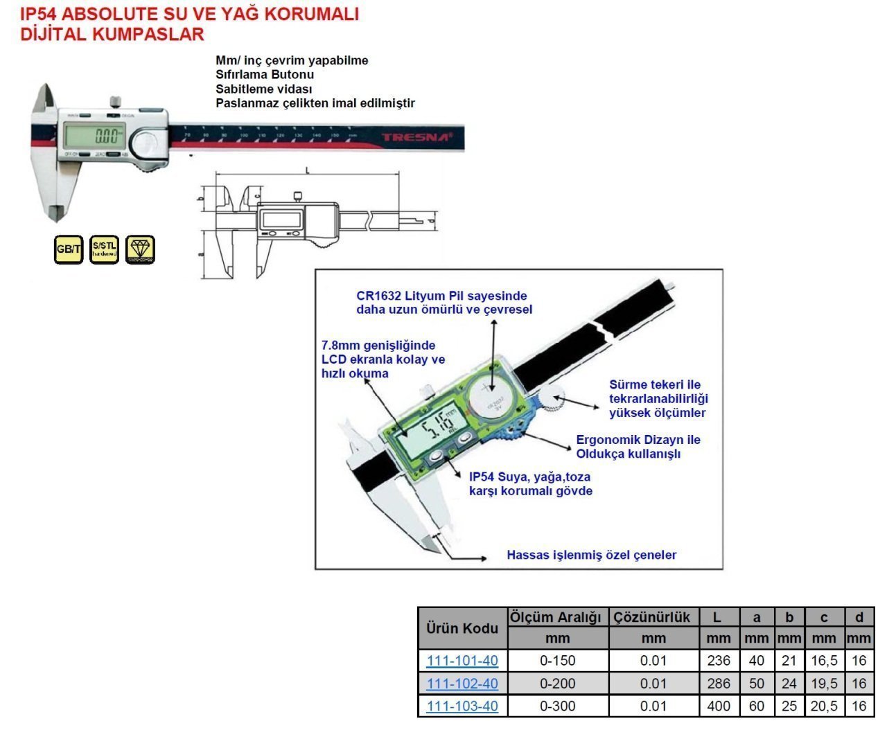 IP54 Absolute Mod Dijital Kumpas 200mm