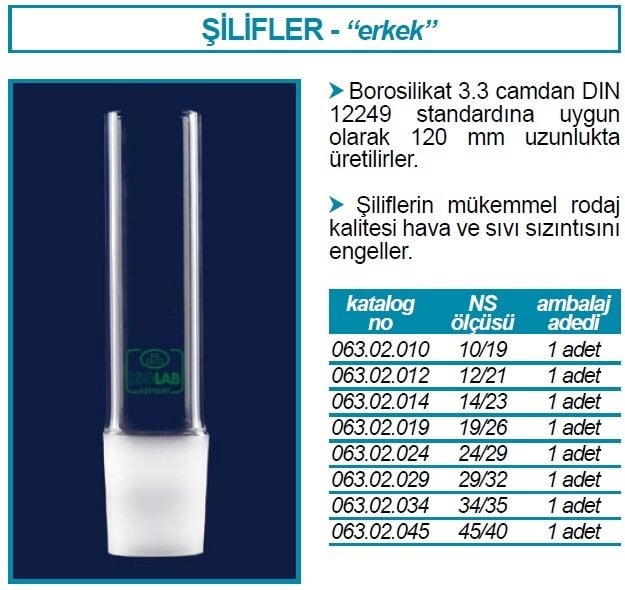 İSOLAB 063.02.012 erkek şilif - 120 mm - NS 12/21 (1 adet)