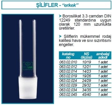 İSOLAB 063.02.024 erkek şilif - 120 mm - NS 24/29 (1 adet)