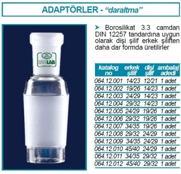 İSOLAB 064.12.007 adaptör - daraltma amaçlı - dişi şilif : NS19/26 - erkek şilif : NS34/35 (1 adet)