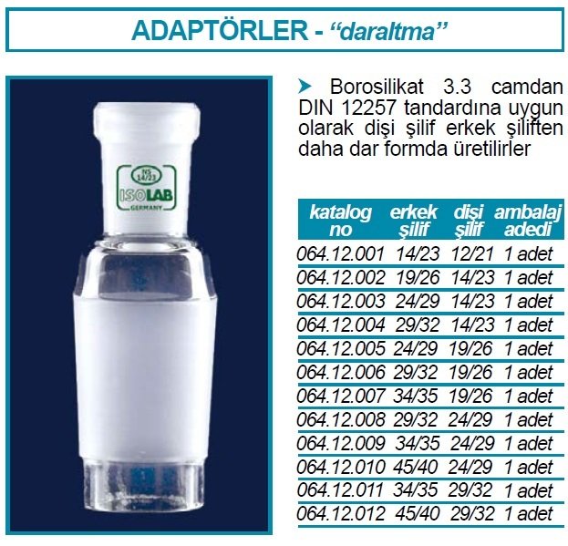 İSOLAB 064.12.010 adaptör - daraltma amaçlı - dişi şilif : NS24/29 - erkek şilif : NS45/40 (1 adet)