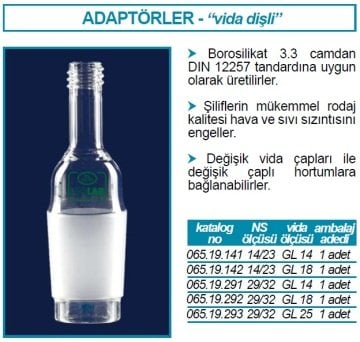 İSOLAB 065.19.141 adaptör - vida dişli - musluksuz - düz - cam - erkek şilif : NS 14/23 - GL 14 (1 adet)