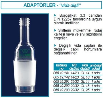 İSOLAB 065.19.291 adaptör - vida dişli - musluksuz - düz - cam - erkek şilif : NS 29/32 - GL 14 (1 adet)