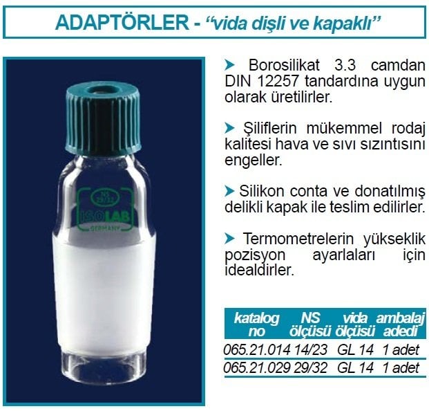 İSOLAB 065.21.029 adaptör - vida kapaklı - termometre için - düz - çap 6-8mm - NS 29/32 - GL 14 (1 adet)
