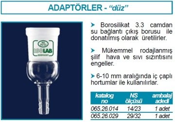 İSOLAB 065.26.014 adaptör - düz - musluksuz - çap 8 mm - dişi şilif : NS 14/23 (1 adet)