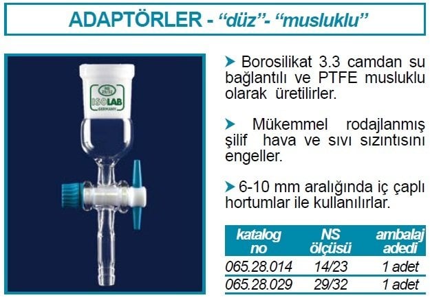İSOLAB 065.28.014 adaptör - düz - musluklu - çap 8 mm - dişi şilif : NS 14/23 (1 adet)