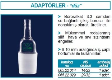 İSOLAB 065.22.029 adaptör - nozül - düz - musluksuz -çap 10 mm - erkek şilif : NS 29/32 (1 adet)