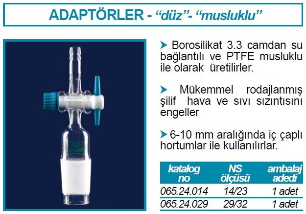 İSOLAB 065.24.029 adaptör - düz - musluklu - çap 10 mm - erkek şilif : NS 29/32 (1 adet)