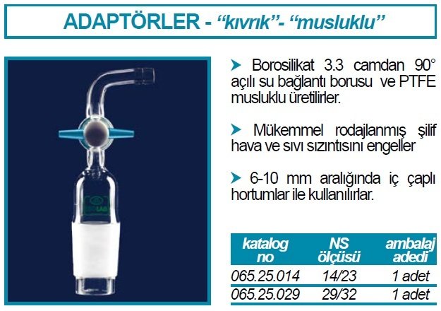 İSOLAB 065.25.014 adaptör - eğimli - musluklu - çap 8 mm - erkek şilif : NS 14/23 (1 adet)