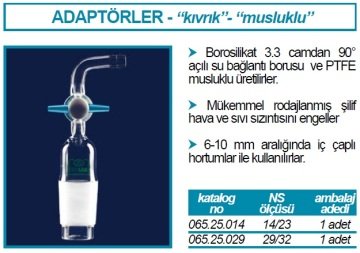 İSOLAB 065.25.014 adaptör - eğimli - musluklu - çap 8 mm - erkek şilif : NS 14/23 (1 adet)