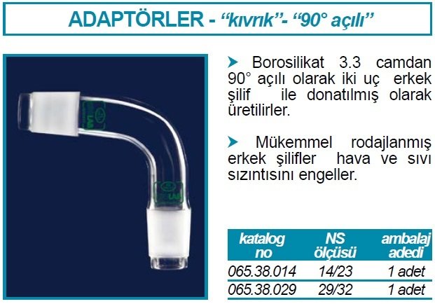 İSOLAB 065.38.014 adaptör - alım - sade - eğimli 90 derece açılı - erkek şilif : NS 14/23 (1 adet)