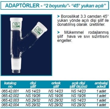 İSOLAB 065.42.004 adaptör - çoklu - 2 boyunlu - yukarı açılı - dişi şilif & erkek şilif : NS 29/32 - yukarı açılı dişi şilif : NS 29/32 (1 adet)