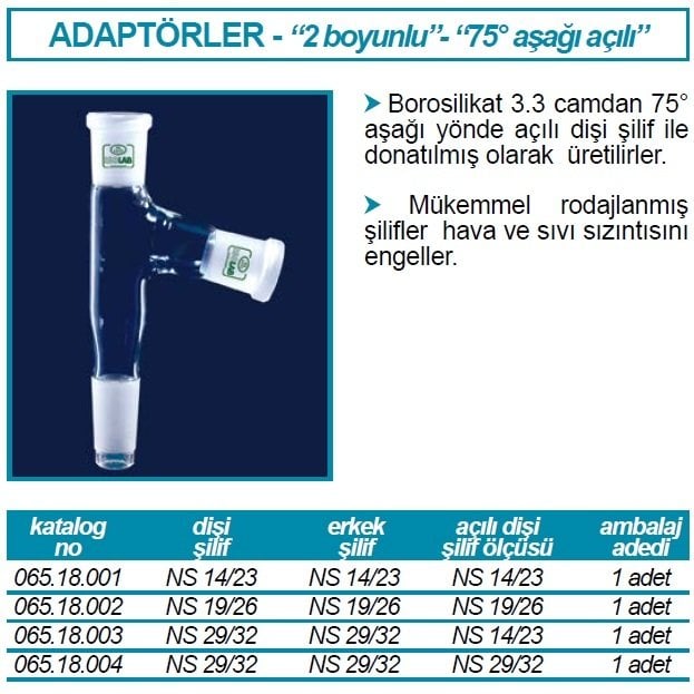 İSOLAB 065.18.002 adaptör - çoklu - 2 boyunlu - aşağı açılı - dişi şilif & erkek şilif : NS 19/26 - aşağı açılı dişi şilif : NS 19/26 (1 adet)
